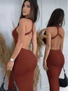 CROSS BACK MIDI DRESS IN MODAL KNIT - Terracota - Ver 3