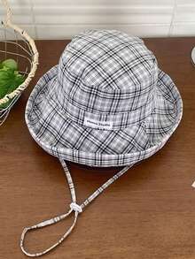 1顶时尚年轻彩色条纹格子遮阳帽，防紫外线，宽帽檐带抽绳，可折叠，适合远足、钓鱼等户外活动，日常佩戴，Y2K韩日风格 - 格子 - 查看 4