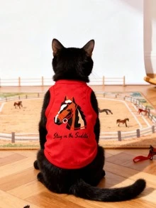 LUCKIE LABO 1件新年马年“保持骑姿”马匹印花背心，适合吉娃娃及小型犬，防跳蚤，时尚休闲，室内外均可穿着。 - 紅色 - 查看 5