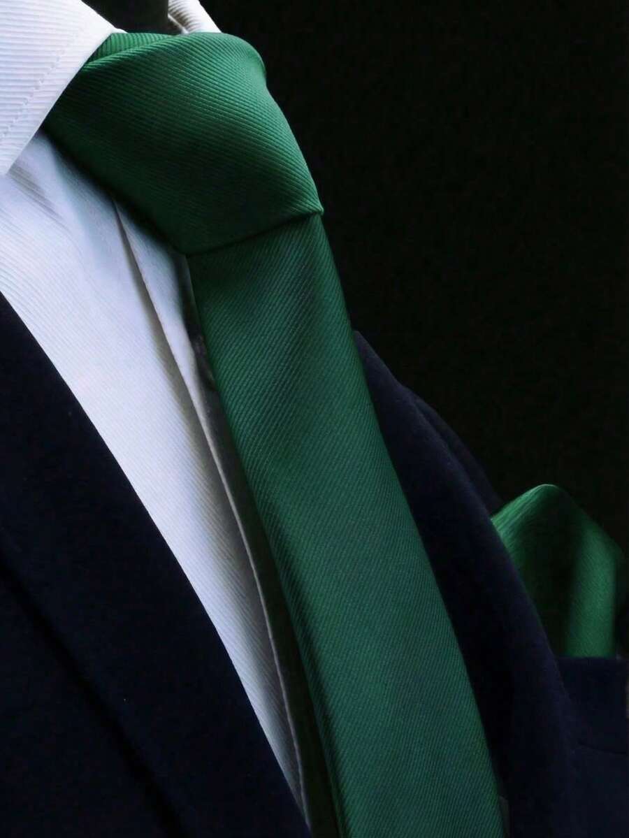 1 Set Men's Dark Green 3.15 Inch Necktie And Pocket Square, Solid Color Business Wedding Tie And Handkerchief Set - Dark Green - View 1