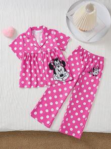 Disney Young Girls Minnie Mouse, Cute Girl, Summer 2-Piece Set - Collared Cardigan Top And Pants, Minnie Mouse Placement Print, Summer Casual Set, Playful Fashion, Breathable Fabric, 2-Piece Outfit, Young Girl Shorts Set, Little Girl Clothing - Hot Pink - View 3