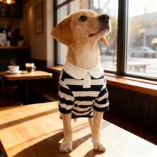 Striped Polo Shirt, Scratch-Resistant Dog T-Shirt, Lightweight Summer Pet Clothing Suitable For Beach And Hiking - Navy Blue - View 6