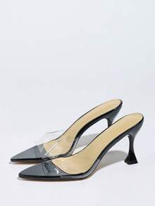 Dép bít mũi nhọn trong suốt dành cho nữ, sandal dự tiệc gợi cảm với gót nhọn và đế răng cưa cho mùa hè. - màu đen - Xem 4