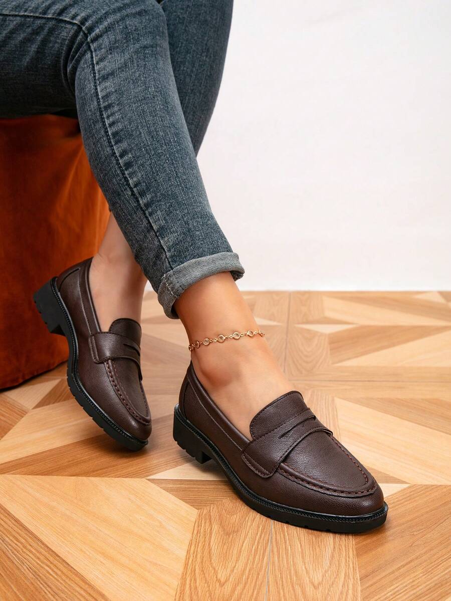 女士乐福鞋，圆头平底鞋，户外复古女鞋，休闲学院风鞋 - 巧克力棕 - 查看 1