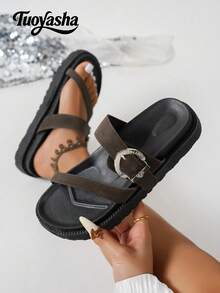 New Fashion Metal Buckle Decor, Open Toe, Platform Thick Bottom Slippers, Fashionable Slides, Comfortable Versatile Beach Sandals, Suitable For Daily Wear - Coffee Brown - View 4