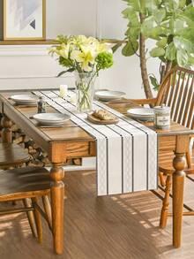 Caminho de mesa em estilo boho com estampa de linho (1 peça), ideal para o Ramadã, perfeito para sala de estar e jantar, lavável e perfeito para cozinha, mesa de jantar, festas e casamentos. Com estilo vintage, é perfeito para hall de entrada, reuniões familiares, mesa de centro e sala de estar. - Branco - Ver 2