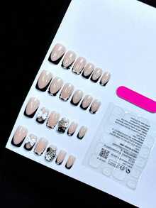 24Pcs Set French Style Black & White Tie Dye Polka Dot Press-On Nails, Reusable, With Bowknot, Star Rhinestones, Cute & Chic, Suitable For Dates, Spring, New Year, Christmas, Daily, Birthday, Festival, Spring/Summer Nail Supplies Nails - Black and White - View 2