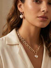 Set de 2 piezas con nuevo diseño minimalista y geométrico de corazón en capas, aretes tipo babero + collar, elegante y adecuado para salidas casuales y uso diario, primavera/verano - Amarillo Oro - Ver 1