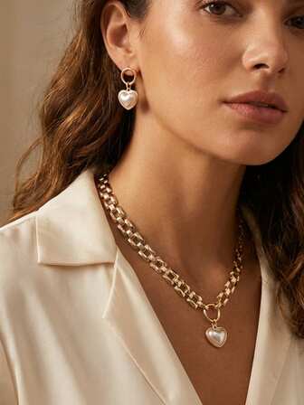 2pcs/Set New Creative Minimalist Geometric Heart Patchwork Layered Bib Earrings + Necklace Set, Elegant Suitable For Casual Outings And Daily Wear, Spring/Summer