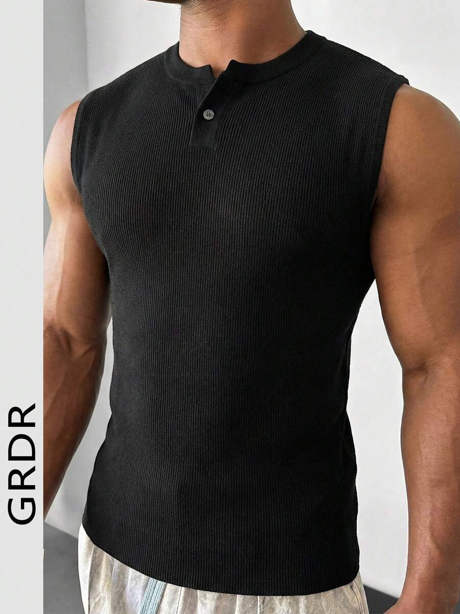 男士春夏亨利领无袖罗纹针织修身复古绅士风休闲百搭日常针织背心，设计师男士针织背心 - 黑色 - 查看 1