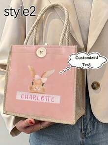 1pc Customizable Easter Party Linen Tote Bag, Customizable Easter Bunny Pattern Tote Bag, Customizable Name Logo Canvas Bag, Simple Large Capacity Tote Bag, Portable Casual Storage Tote Bag, Multifunctional Shopping Bag, Personalized Gift Bag, Suitable For Weddings, Birthdays, Beaches, Holidays, Great Gift For Ladies, Teachers, Friends, Bridesmaids, Easter Egg Bag, Create Easter Atmosphere - Multicolor - View 4