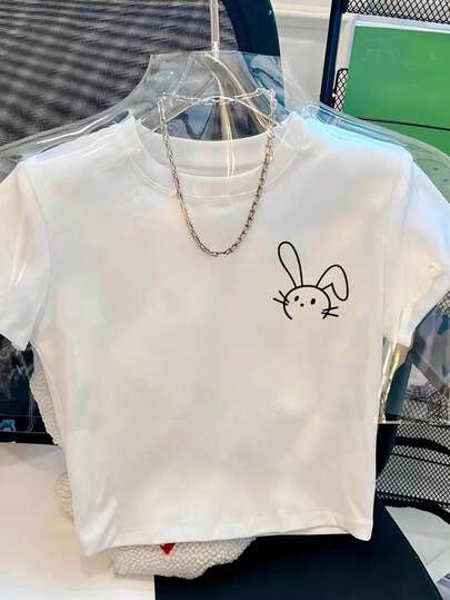 Áo crop top nữ màu trắng in hình thỏ dễ thương, kiểu dáng Y2K, thích hợp mặc trong nhà, phong cách đường phố, ôm sát eo, gợi cảm cho mùa xuân/hè.