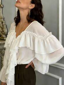 2026 Vacation Outfits Women Floaty Chiffon White Semi-Sheer Blouse Women's Long-Sleeve Ruffled Collar Shirt - White - View 7