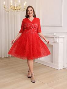 JINLICX 奢华亮片蕾丝红色上衣，适合节日、婚礼、派对、春夏等正式场合穿着 - 紅色 - 查看 1