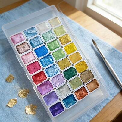 [Pearl Watercolor Pigment] 32-Color Pearl Watercolor Pigment | Solid Packaging For Traditional Chinese Painting, Tangka Calligraphy, Color Painting - Professional Art Use