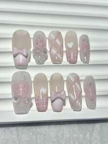 10片可爱3D蝴蝶结、樱桃、粉色法式美甲贴纸，带网格、爱心、珍珠、闪粉图案 - 内含1片果冻贴纸+1个指甲锉，甜美芭蕾美甲礼物，送给女孩 - 粉色 - 查看 1