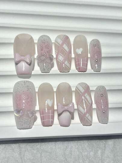 10片可爱3D蝴蝶结、樱桃、粉色法式美甲贴纸，带网格、爱心、珍珠、闪粉图案 - 内含1片果冻贴纸+1个指甲锉，甜美芭蕾美甲礼物，送给女孩