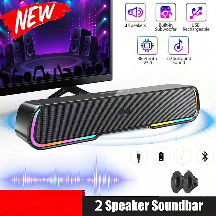 3D环绕蓝牙音箱，高品质扬声器材质，家庭影院音箱，双扬声器带RGB灯光效果，1200mAh电池，支持USB/SD/AUX/FM收音机，内置低音炮和USB充电，无线蓝牙音箱，适用于电视/音乐/游戏
