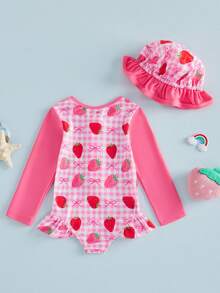 Traje de baño de 2 piezas para niña pequeña, bonito y moderno mono a cuadros de manga larga con gorro - Rosa - Ver 2