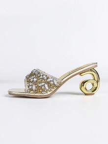 Women's High Heel Sandals, New Summer Sandals, Soft TPU Rhinestone Decor, Open Toe & Heel Sandals, Minimalist Square Toe Sandals, Slip-On Thin Strap Sandals, Solid Color Or Random Print Preppy, Elegant, Sexy Party TPU Rhinestone High Heel Sandals For Beach, Wedding, Party, Office, Home, Outdoor, Spring/Summer, All Season - Gold - View 6