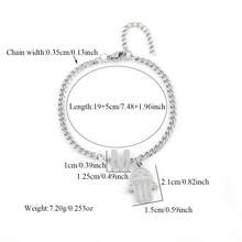 1 pieza Nuevo brazalete clásico de acero inoxidable plateado con cadena cubana y colgante de mano de Hamsa con inicial para hombres - Plateado - Ver 2
