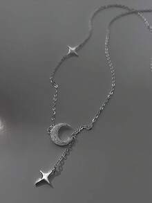 1pc S925 Sterling Silver Minimalist Fresh Elegant Star Tassel Necklace, Women's Daily Commute Versatile Exquisite Star Moon Choker Necklace, Holiday Gift - Stars and Moon - View 8