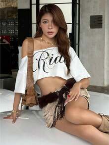Women's Letter Print Crop Tops Off One Shoulder Short Sleeve Loose Fit T-Shirts Streetwear - 白色 - 查看 1