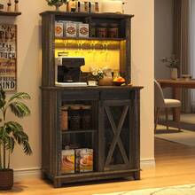 31.5" Farmhouse Coffee & Wine Bar Cabinet With LED Light, Sliding Barn Door & 2 Storage Hutches - 深色鄉村橡木 - 查看 3