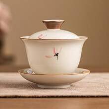 Hand-Painted Pink Orchid Gaiwan Scald-Proof Ceramic Tea Bowl, Chinese Style Kung Fu Tea Set Tea Ware