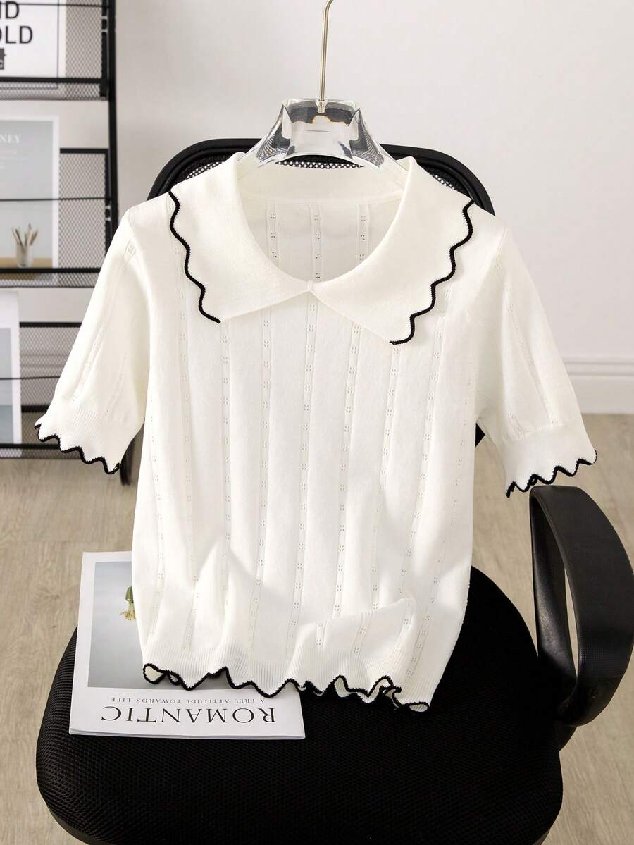 彼得潘领轻薄针织短袖T恤，女士夏季新款时尚上衣，撞色条纹罗纹 - 白色 - 查看 1