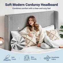 Allewie Full/Queen/King Size Lift-Up Storage Bed Frame With Modern Wingback Headboard, Corduroy Upholstered Platform Bed, Hydraulic Gas Lift Support, Underbed Storage, Wooden Slats, No Box Spring Needed, Grey - 灰色 - 查看 3