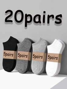 10/20pcs Men's 4-Color Casual Boat Socks, Plus Size Solid Color Minimalist Ankle Socks In Black, White, Gray, Versatile For Daily Wear - Multicolor - View 7