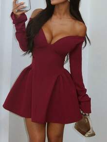 Onicee 夏季连衣裙，酒红色，时尚深V领收腰A字长袖派对连衣裙，优雅适合情人节、约会、聚会、派对、旅行、度假、海滩等场合。 - 酒紅色 - 查看 2
