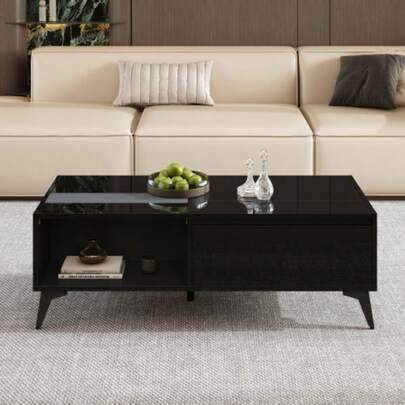 Modern Coffee Table In Glossy Black, Elegant Side Table, Multifunctional, Height Adjustable Coffee Table, Folding Dining Table/Living Room Furniture, 110 X 50 X 48 Cm (Length X Width X Height)