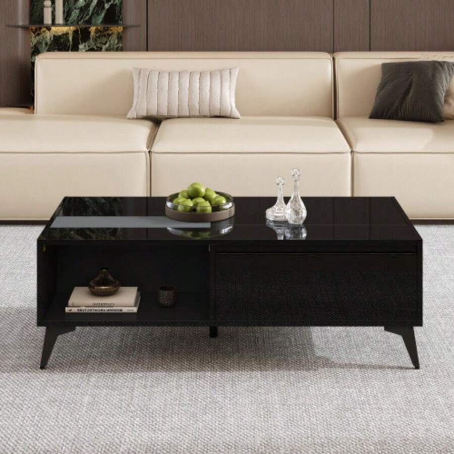 Modern Coffee Table In Glossy Black, Elegant Side Table, Multifunctional, Height Adjustable Coffee Table, Folding Dining Table/Living Room Furniture, 110 X 50 X 48 Cm (Length X Width X Height) - Black - View 1
