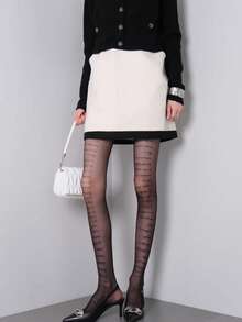 1 Pair Vintage Sheer Black English Text Pantyhose, Fashionable For Spring/Summer - Multicolor - View 1