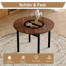 Round Table In A Modern Minimalist Design With A 100 Cm Diameter And Brown Wood Pattern, Suitable For 2-4 People (With Recessed Brown-Grey Glass Top And Metal Stability Frame). - Brown+Black - View 4