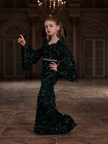ALISA&LEO 女童亮片美人鱼连衣裙，长款喇叭袖优雅礼服，适合婚礼花童、生日派对和晚宴穿着 - 墨綠色 - 查看 5