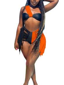 Women's Sexy Contrast Color Bikini, Sleeveless Off-shoulder Tops Briefs Swimsuit, Classic Tassel Decoration Two-pieces Set - naranja - Ver 2
