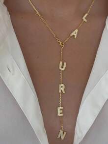 1 pieza Collar con placa con nombre personalizado, personalizable con 1-12 letras, collar con placa en forma de Y estándar, mejora el estilo personal, regalo de joyería, collar con placa bañada en oro - Versión diamante - Ver 4