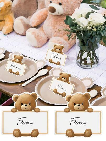 25/50/100 Perfect Foldable Bear Name Tags Adorable Teddy Design For Gender Reveal, Birthday, Halloween & Christmas