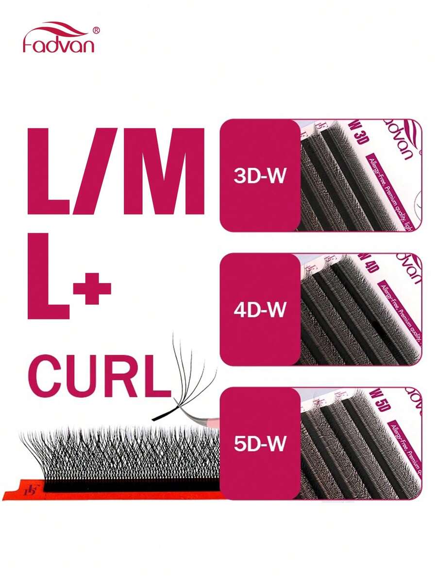 Gene FADVAN L/LU Curl 3D/4D/5D în formă de W, extensii de gene în formă de W, 0,07, 8-14 mm, Fox Eyes, naturale și moi, extensii de gene profesionale, 12 rânduri, consumabile pentru artiștii genelor - Negru - Vizualizare 1