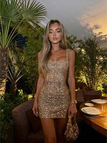 Women's Sequin Square Neck Backless Sleeveless Side Slit Party Club Bodycon Mini Dress - Vàng - Xem 1