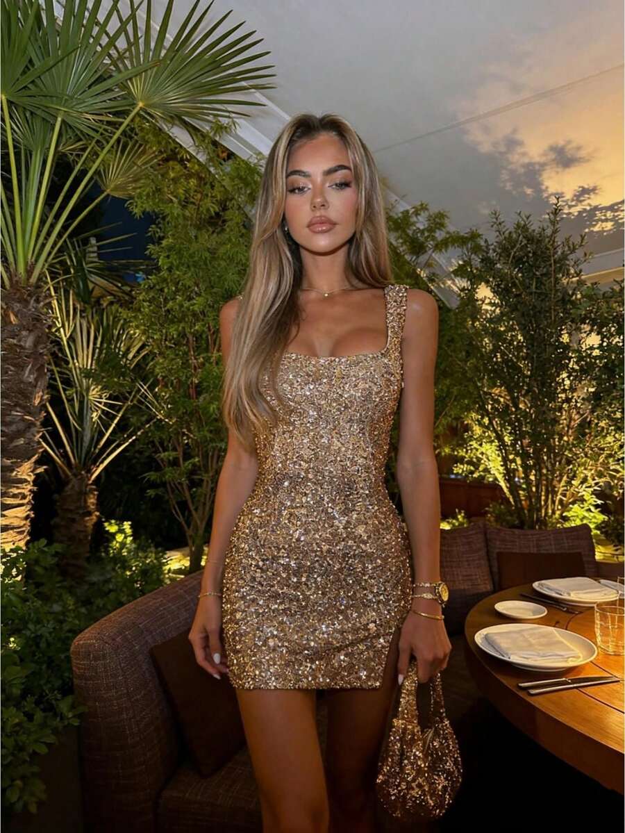 Women's Sequin Square Neck Backless Sleeveless Side Slit Party Club Bodycon Mini Dress - Vàng - Xem 1