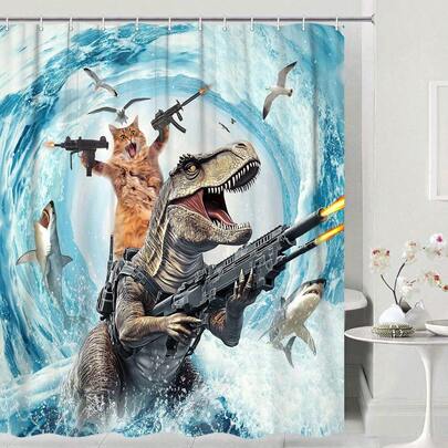 趣味猫咪主题浴帘套装，可爱猫咪骑恐龙海洋主题浴帘，涤纶纤维趣味海洋装饰浴室帘，浴室装饰配件，房间装饰，适合家庭、酒店、度假，也是一份很棒的礼物