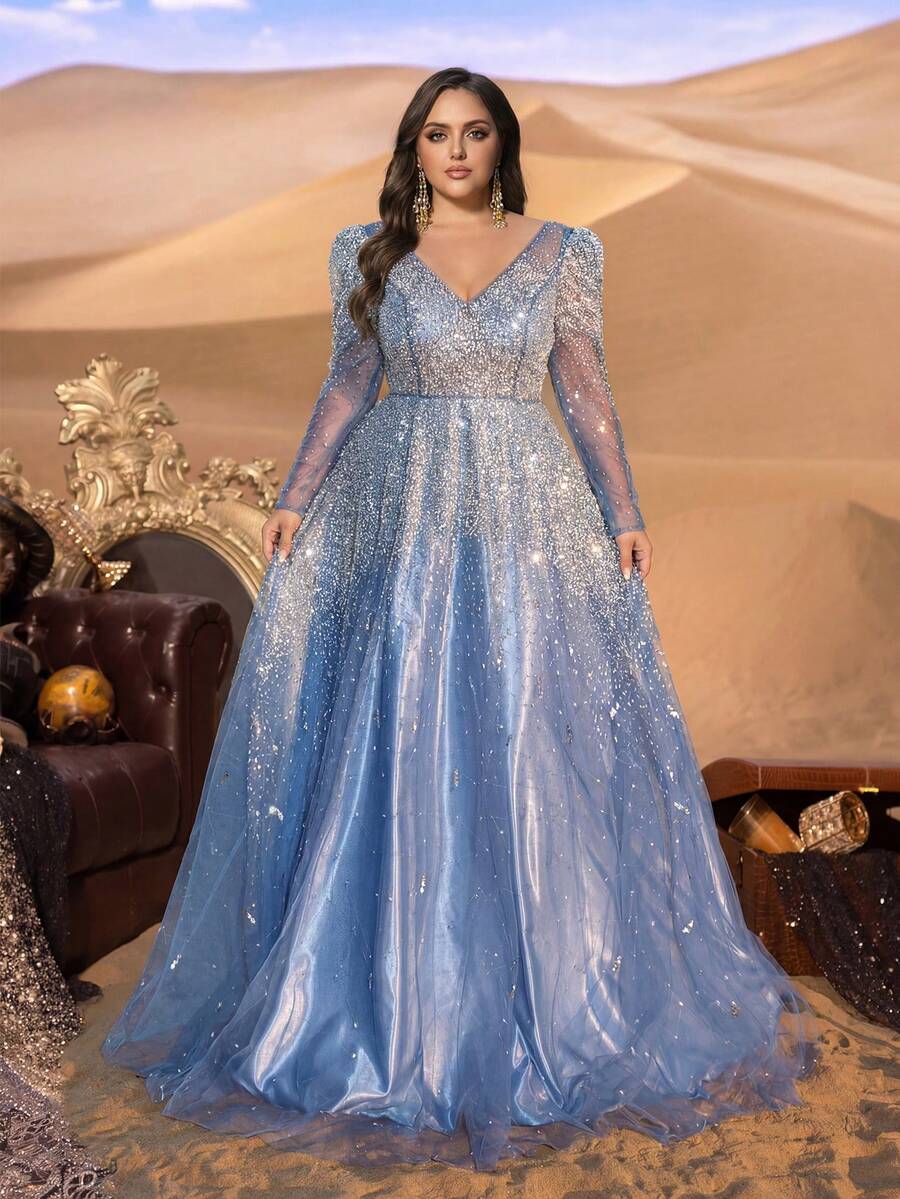 Faeriesty 大码女士长袖V领串珠晚礼服，配以透视网纱袖、亮片和飘逸的A字雪纺裙摆，适合正式晚宴、盛大晚会、婚礼、红毯活动和春季派对等场合。