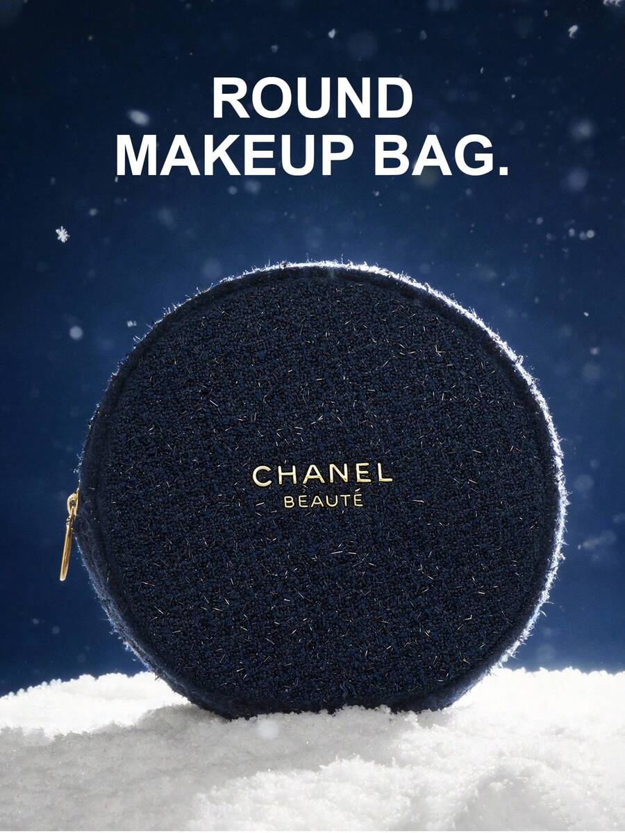CHANEL 限量版海军蓝羊毛毡圆形化妆包，金色Logo和山茶花拉链，奢华化妆包 - 藏蓝色 - 查看 1
