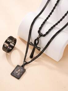 18K 镀金时尚夸张嘻哈首饰套装：3 件不锈钢吊坠项链、配套手链和戒指 - 3pcs - 查看 23