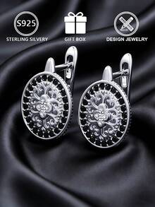 1 đôi bông tai nữ bằng bạc Sterling S925, họa tiết hoa cổ điển, đính toàn bộ kim cương đen hình bầu dục, hộp quà tặng, thích hợp làm quà sinh nhật cho bạn gái/bạn thân, phong cách retro sang trọng, trang sức đeo hàng ngày/hẹn hò. - Bạc - Xem 5