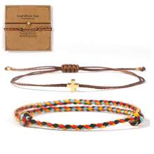 2件套时尚简约十字架吊坠手链，MGB角珠铜十字架手链，铜五角星四股棉绳编织手链，心形手链，可调节编织手链，闺蜜卡片，适合女性日常通勤、家庭、姐妹、生日礼物、家庭礼物、情人节礼物、女士礼物、周年纪念礼物